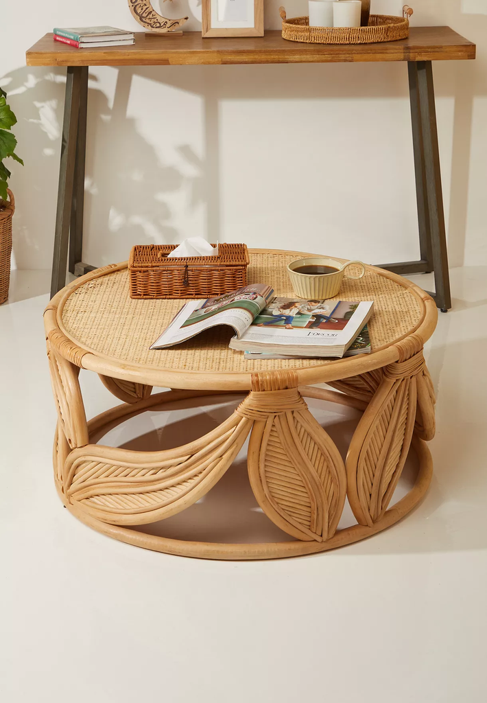 Round rattan coffee table deals with glass top