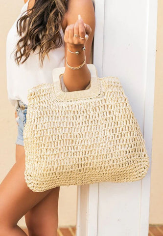Straw tomato bag with wood handle White