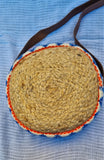 Jute sling bag with pattern Leather strap